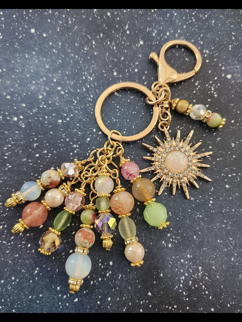 Rhinestone Sunburst Purse Charm or Keychain Opal Quartz Handcrafted